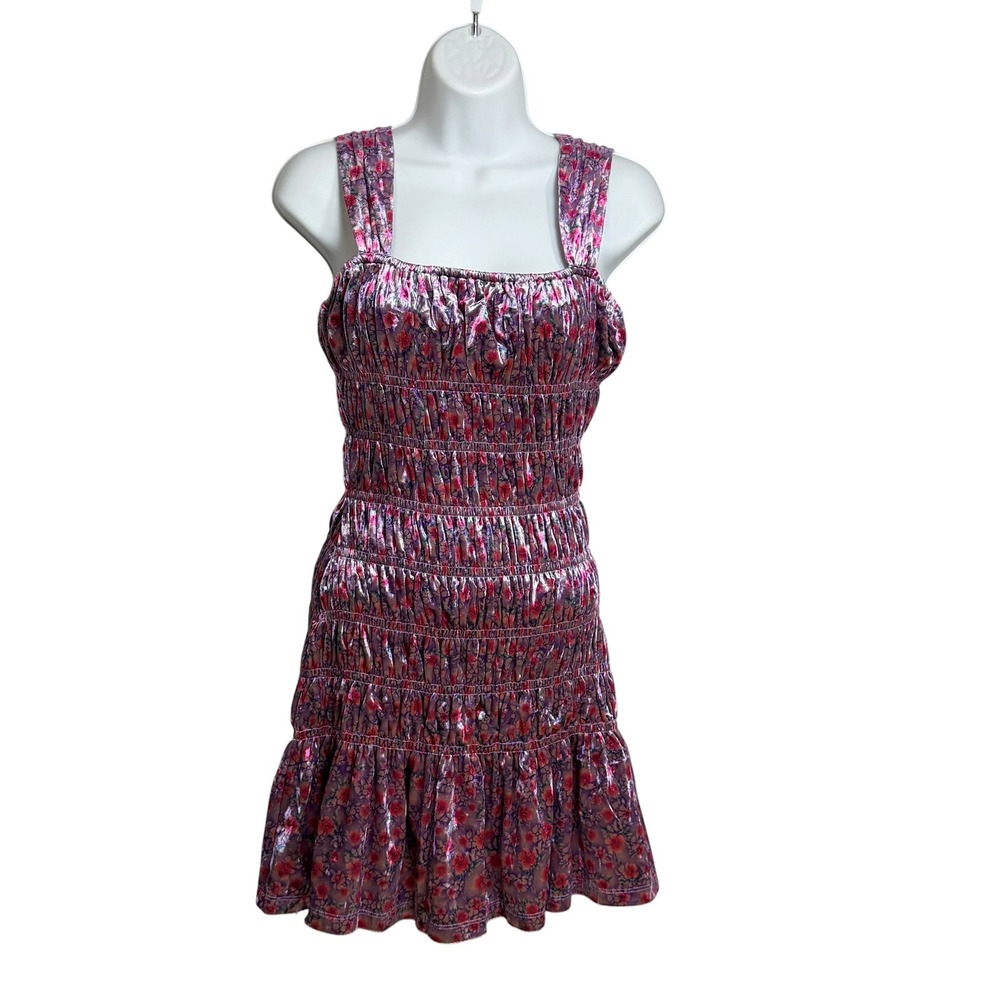 Free The Rose Floral Smocked Velvet Mini Dress Purple Metallic HN630D Womens S